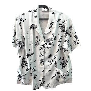 Alfred Dunner Blouse 22W White Black Floral Print Pockets Coastal Grandma Office